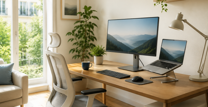 Bureau de télétravail lumineux avec chaise ergonomique, écran externe, ordinateur portable sur support et plantes vertes.