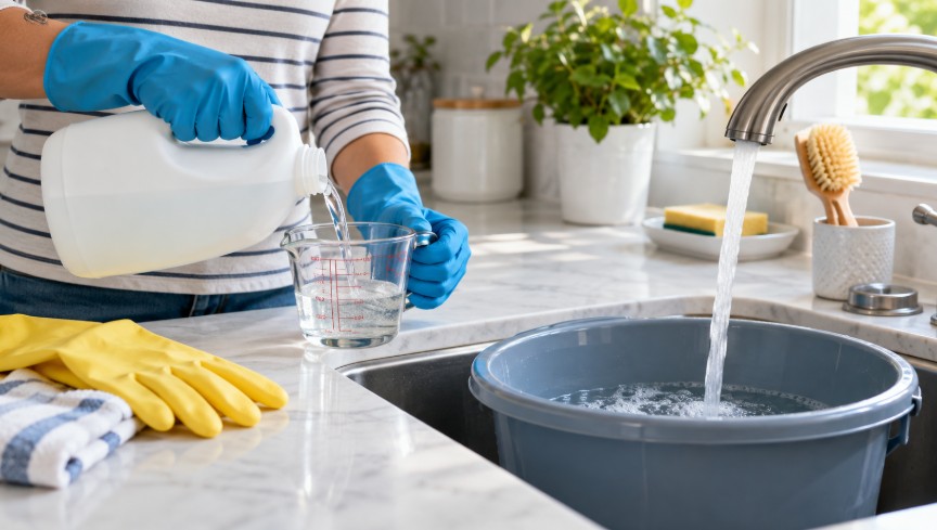 Préparation de l'eau de Javel dans la cuisine